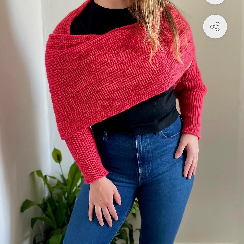 Vibrant Red Knit Shrug Poncho Sweater